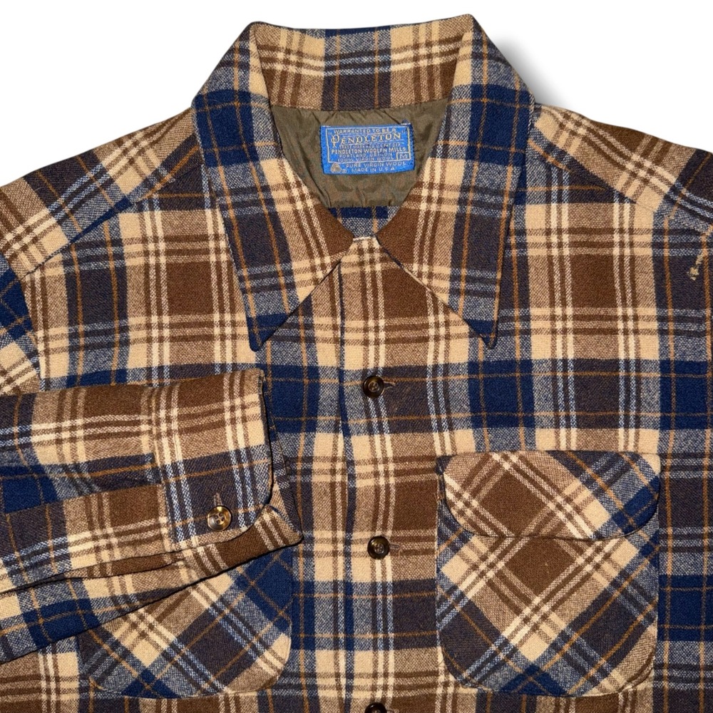 Pendleton Vintage Wool Board Shirt Mens Medium Brown Blue Plaid Made in USA